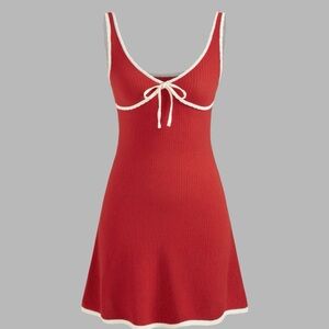 Knitted V-neck Solid Contrasting Binding Knotted Mini Dress